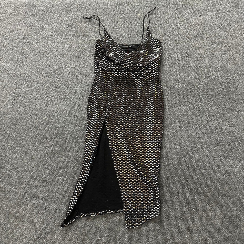 PrettyLittleThing Dress Womens Size 4 Black Silver Sequin Bodycon Midi Side Slit